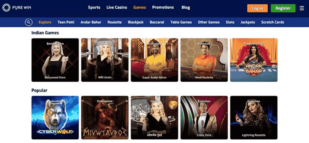purewin online casino games page